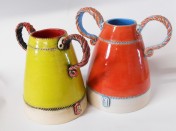 This is new work that I call "Indignant Sisters" jugs, mugs and vases, made from White Grogged Stoneware 157-4230 or White St Thomas 150-1106. They feature Barley Sugar twisted Handles, with bright complimentary colours. I can rely on Potclays clays to give me a uniform finish and colour.